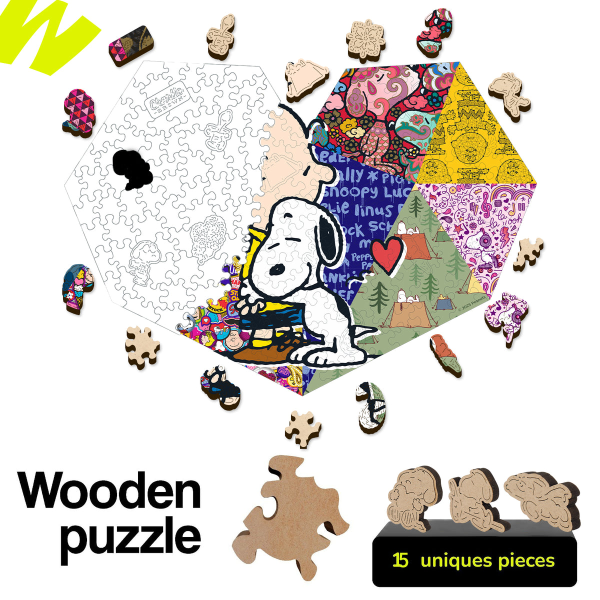 Detailed view of Snoopy heart wooden puzzle pieces