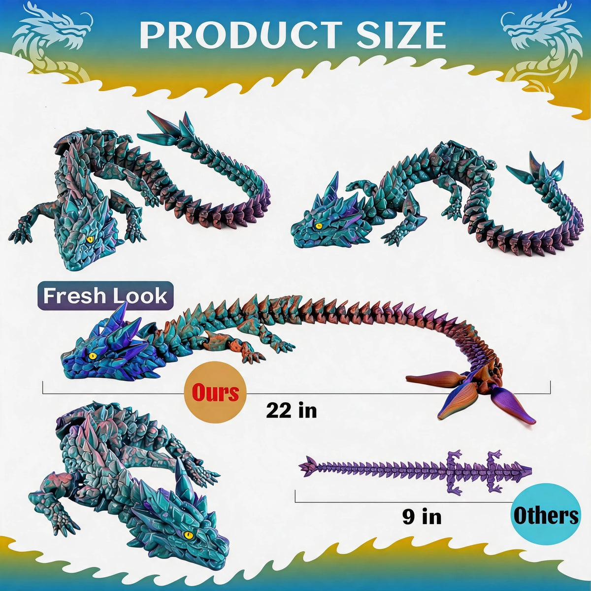 Colorful 3D printed articulated Dragon size chart