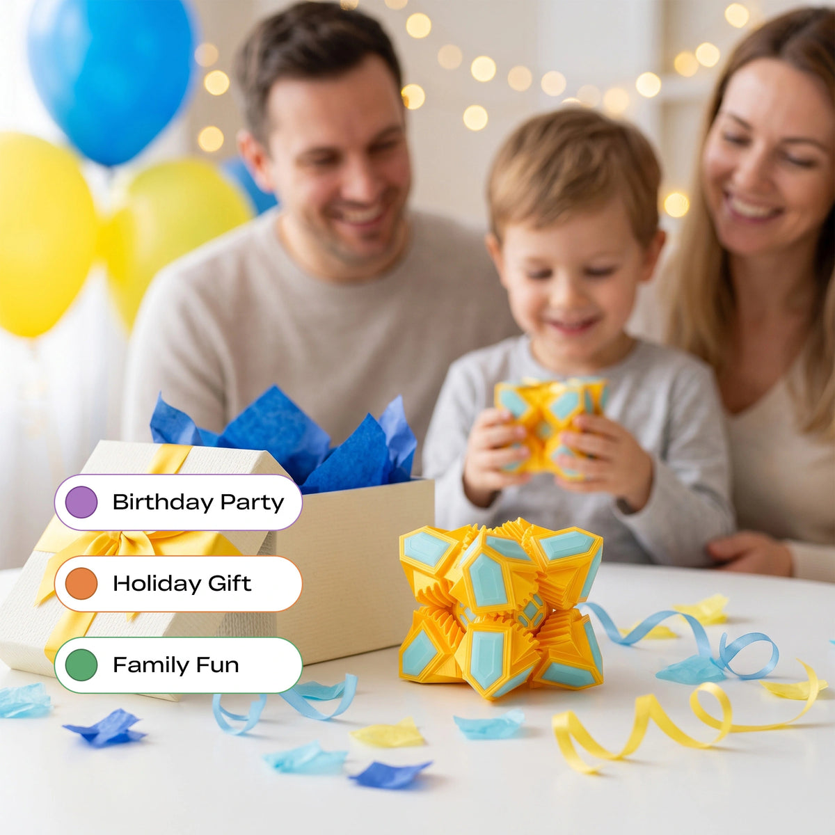 A family of three celebrates with a yellow and blue origami star-shaped gift