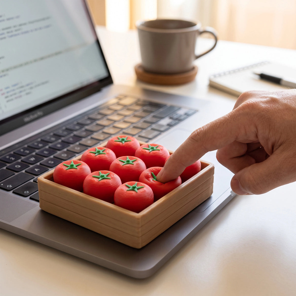A hand points at a small wooden tray