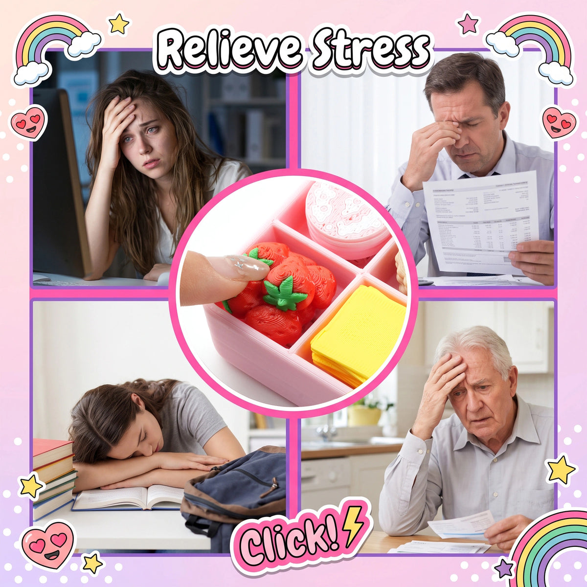 A promotional collage for a stress-relief toy set