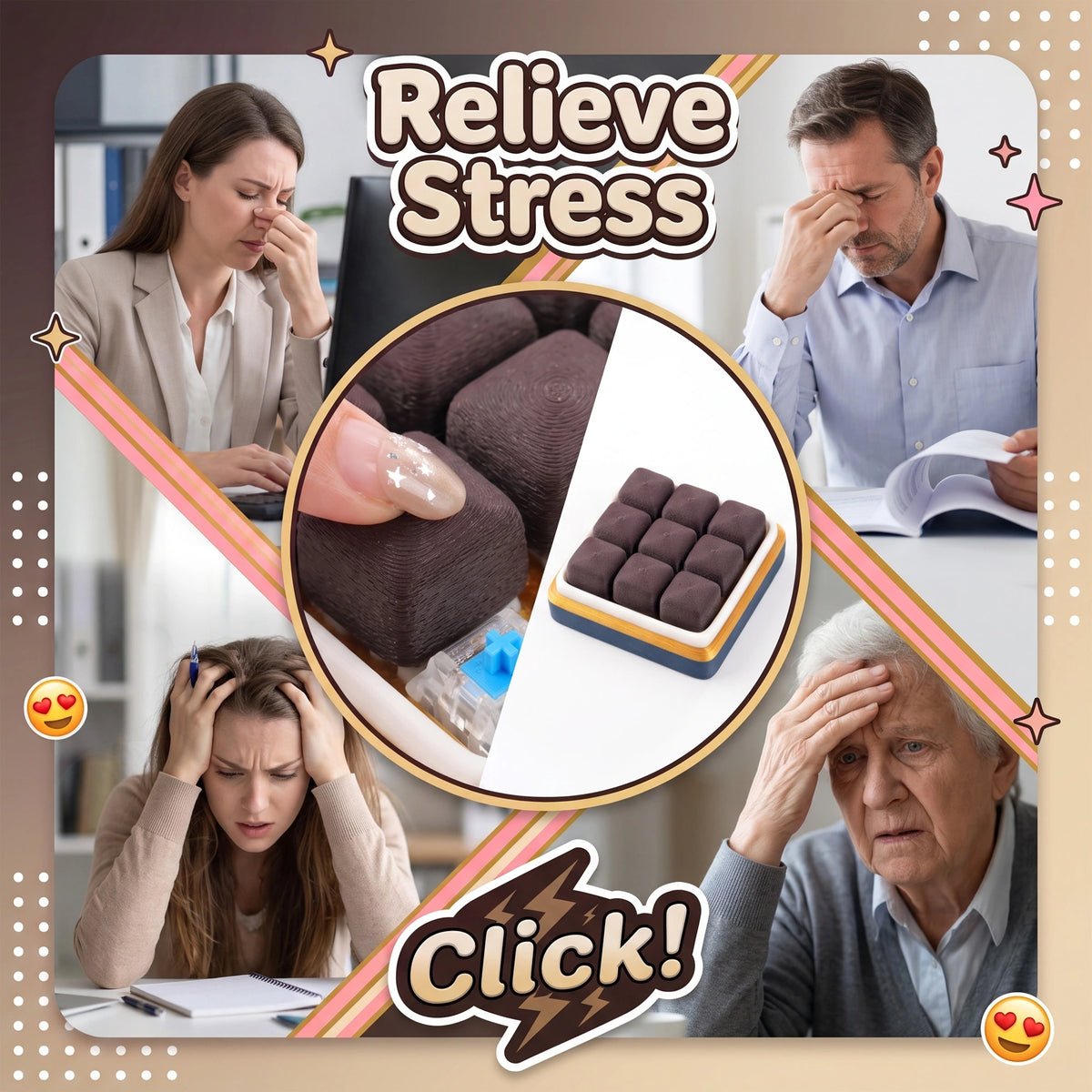 A promotional collage for stress-relief clickers
