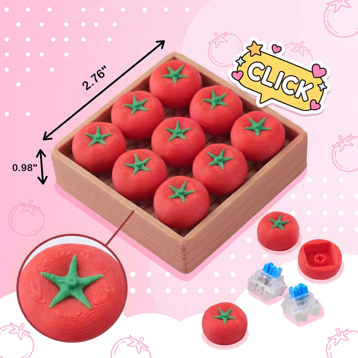 Tomato-shaped mechanical switches set in a wooden tray, with dimension arrows showing 2.76 inches by 0.