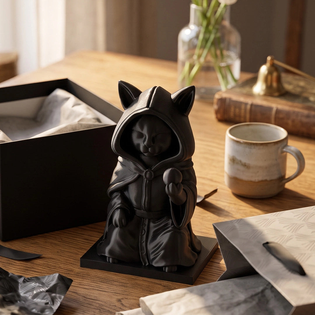 Black cat wizard 3d printed sculpture desktop decor