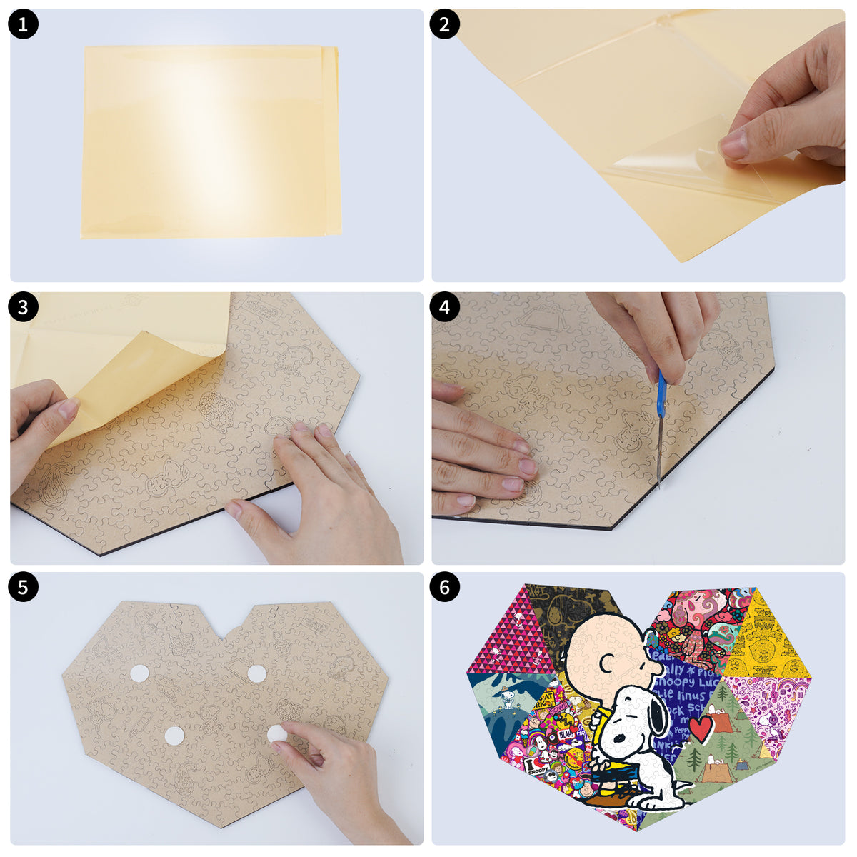 Step-by-step process of building Snoopy heart wooden puzzle