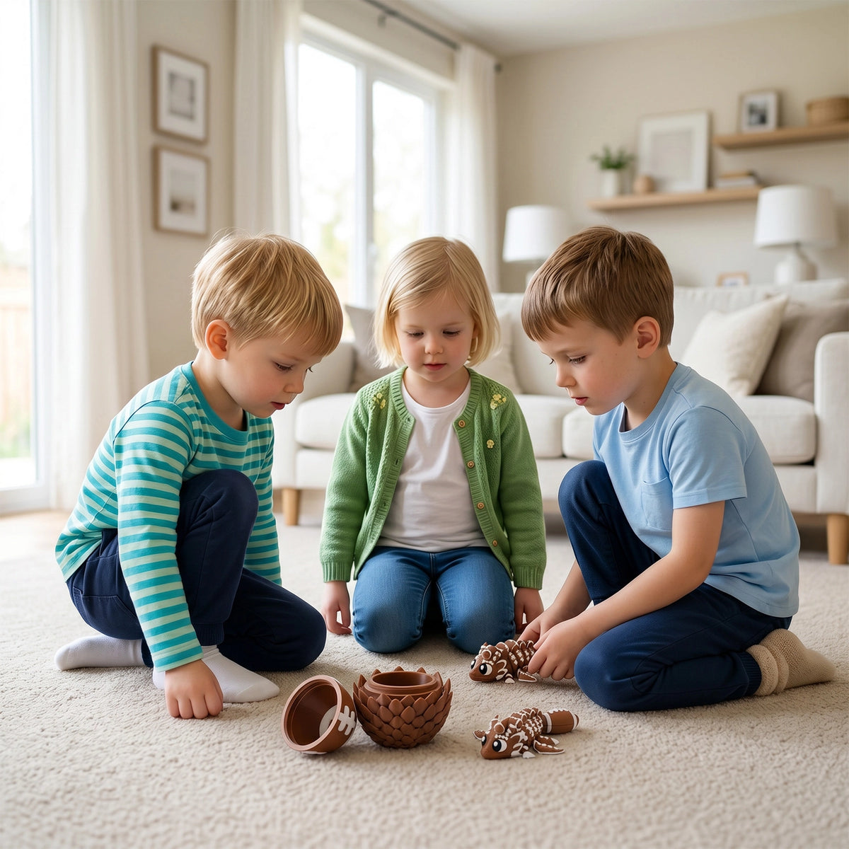 Children playing American Baseball dragon egg on rug