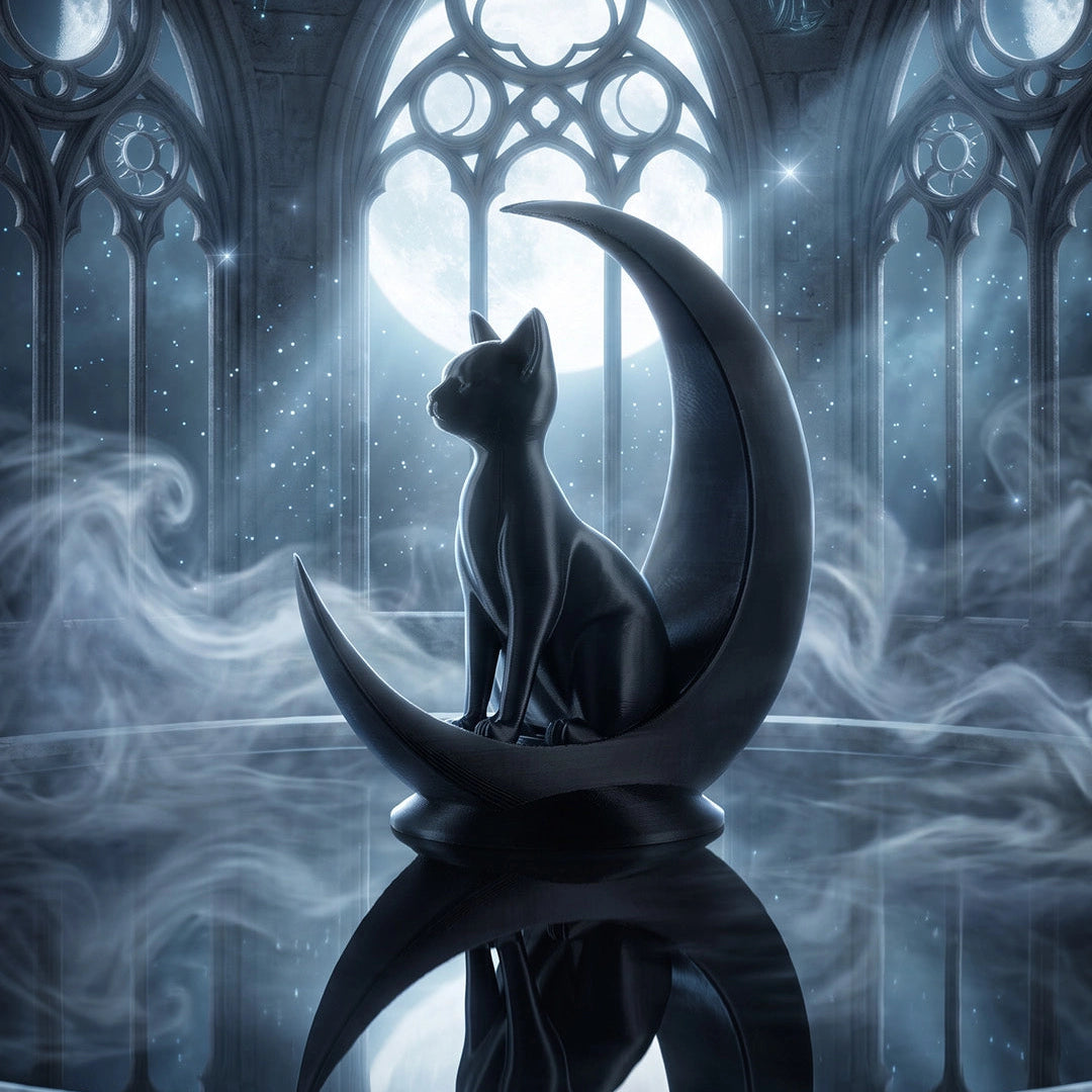 Gothic window Minimalist Cat on moon statue