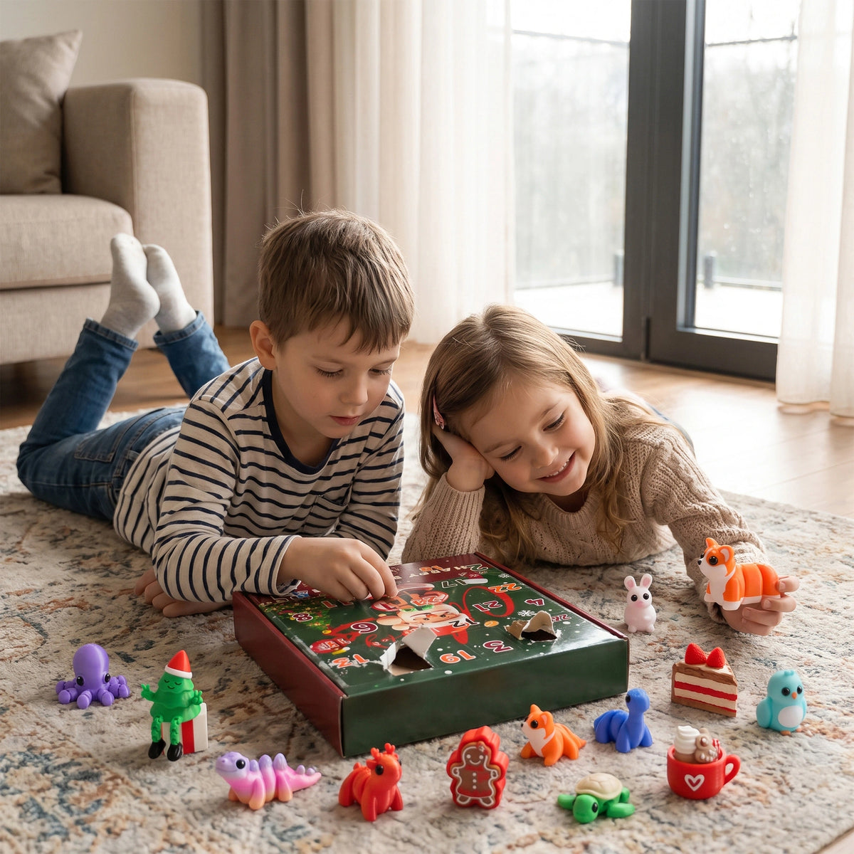 Two children open a Christmas-themed toy box