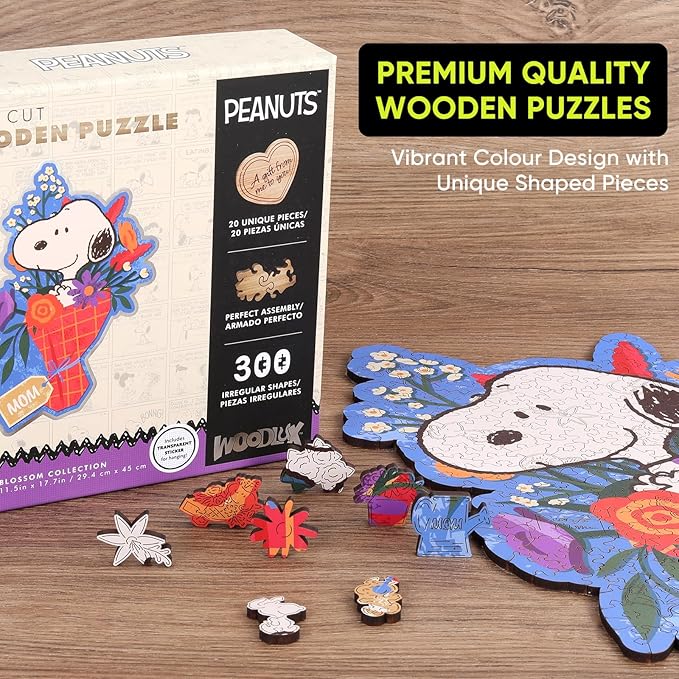Wooden puzzle with Peanuts character on a desk