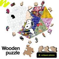 Detailed view of Snoopy heart wooden puzzle pieces