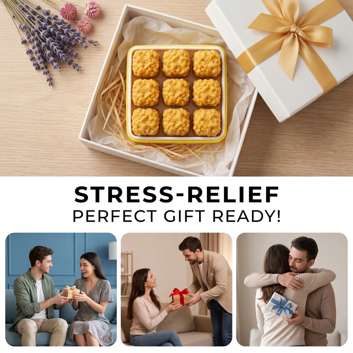 A gift set of nine golden-brown stress-relief cookies