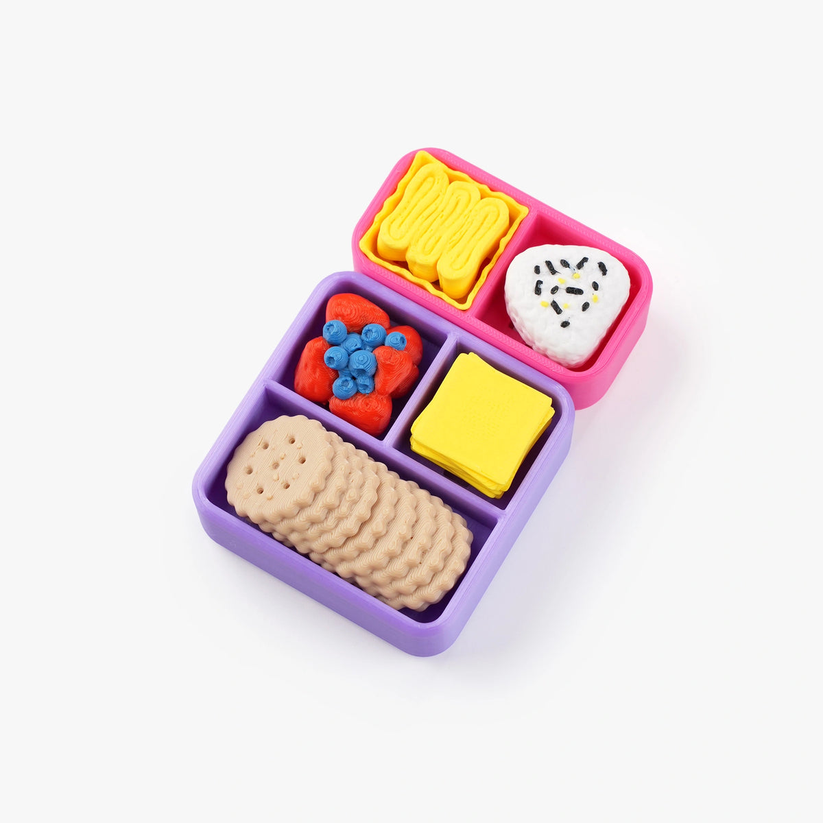 A miniature toy bento box set with a purple and pink compartment tray