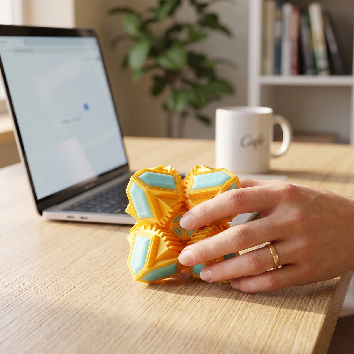 A yellow and light blue origami-style stress ball 