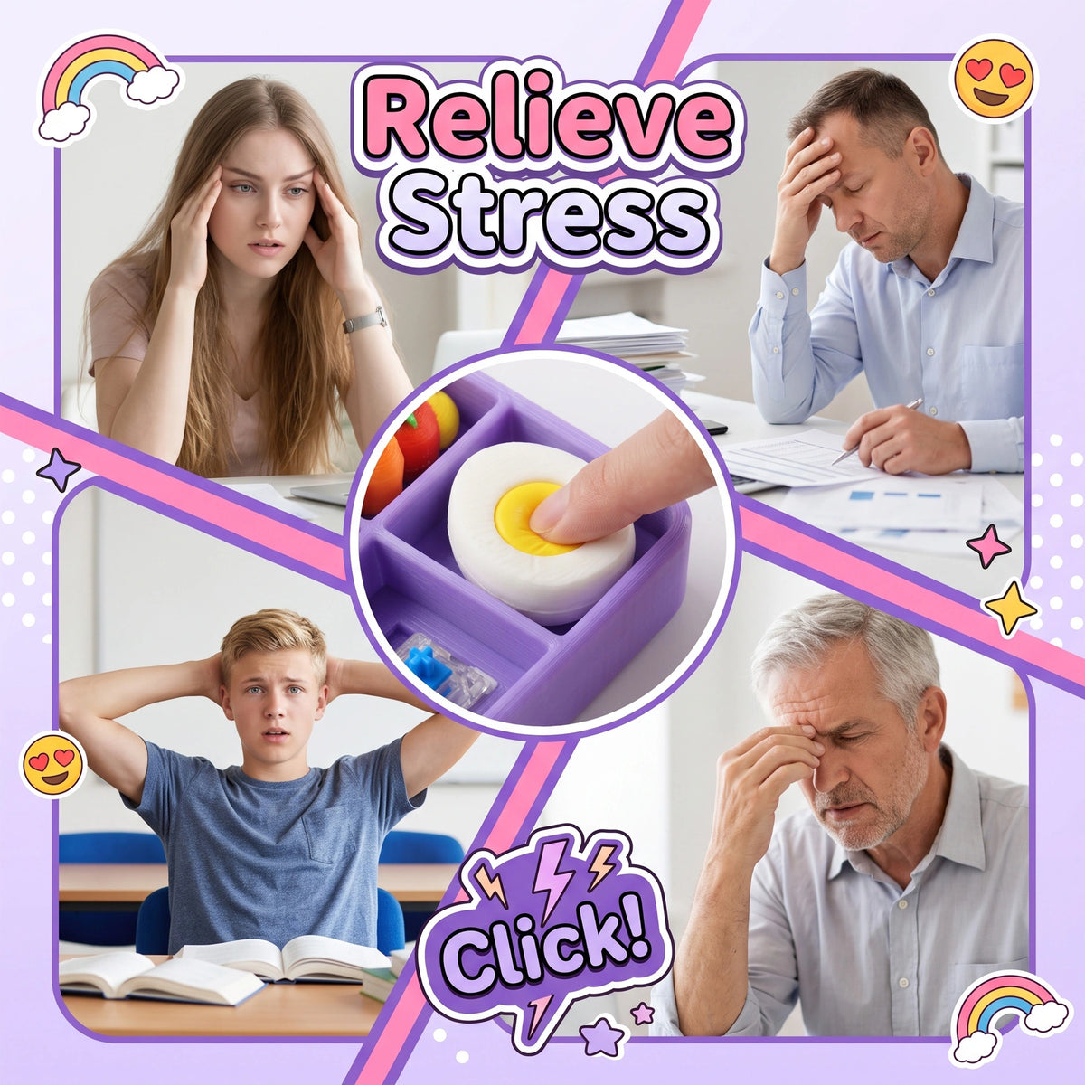 A promotional collage for a stress-relief click toy