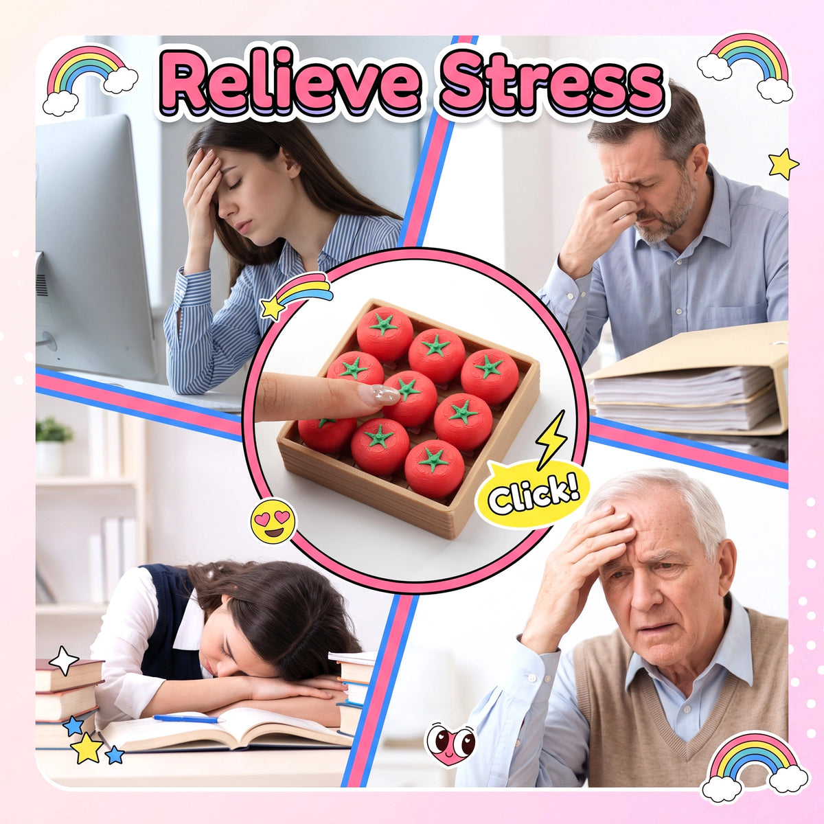 A promotional collage for a stress-relief product. 