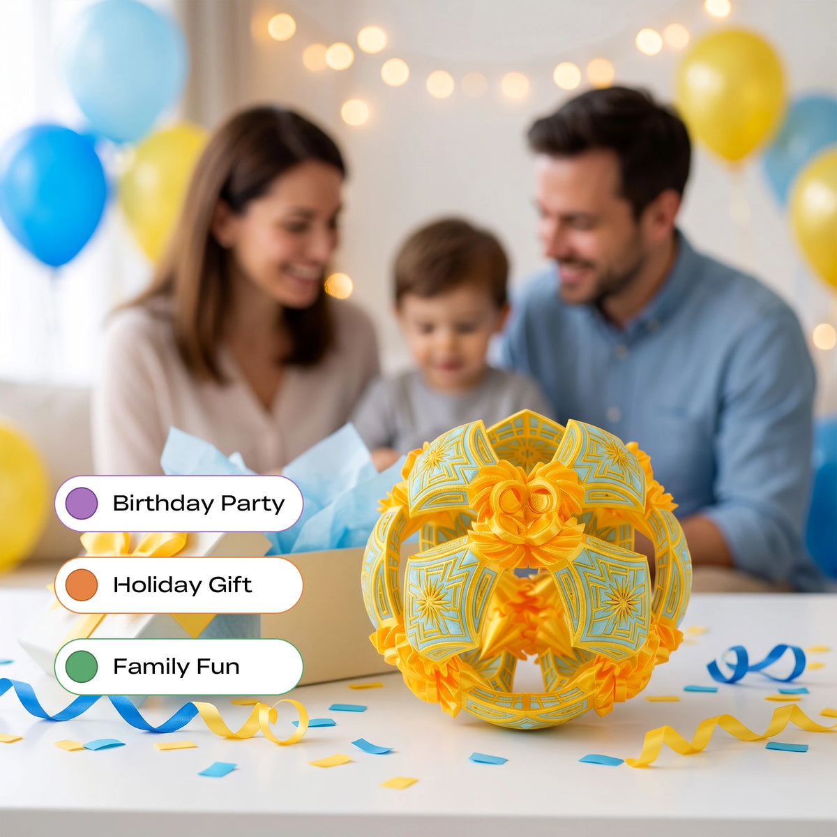 A yellow and light blue geometric paper ball ornament