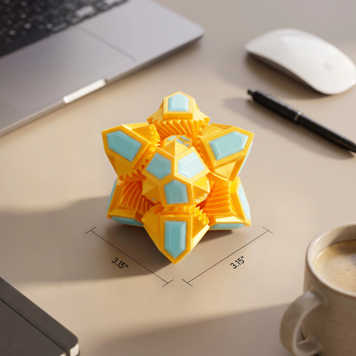 A yellow and light blue geometric puzzle ball