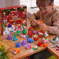 A child is assembling toy animals