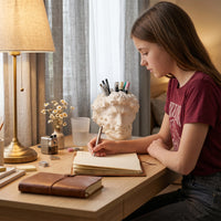 Young girl writing in a notebook at a desk with David Head Gear Toy