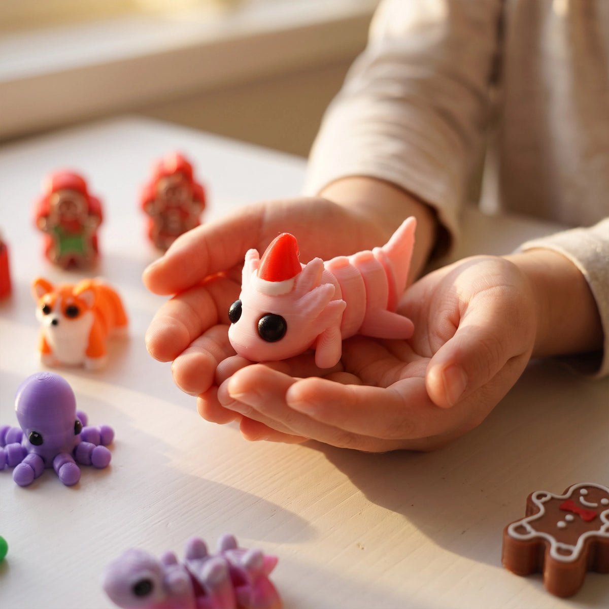 a red horn and other colorful toy figures