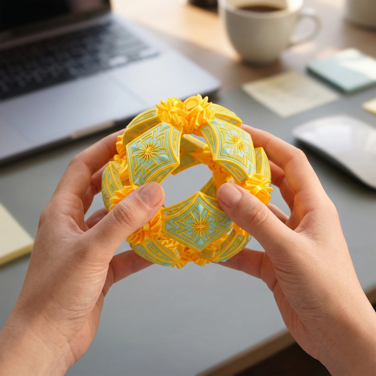 a yellow and light blue geometric beaded ring