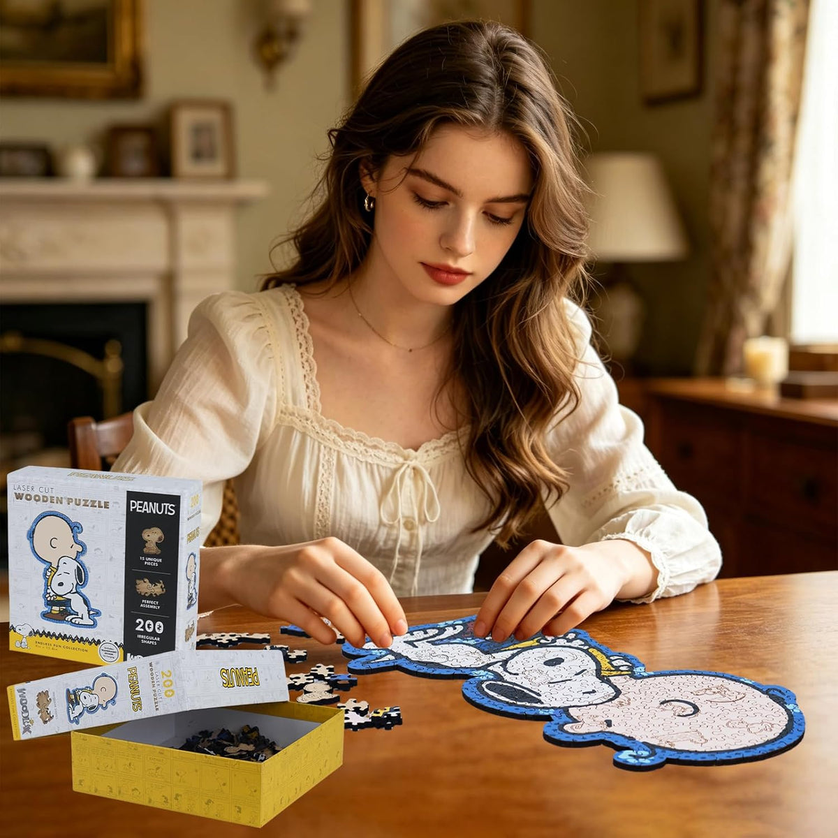 Adult solving Snoopy wooden puzzle