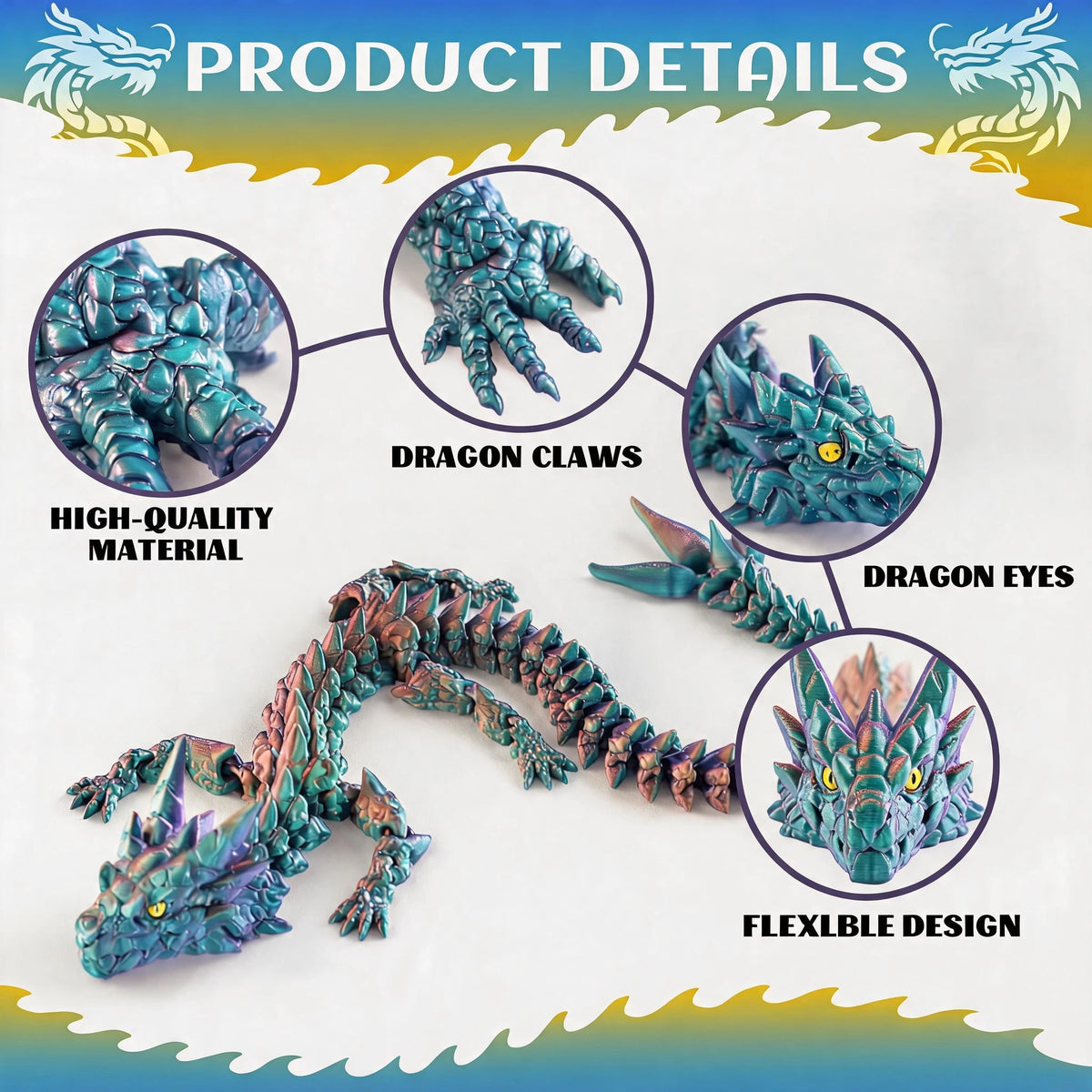 Colorful 3D printed articulated Dragon design details