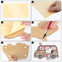 Hands assembling Snoopy retro van wood puzzle