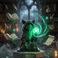 Black cat wizard 3d printed sculpture glowing orb