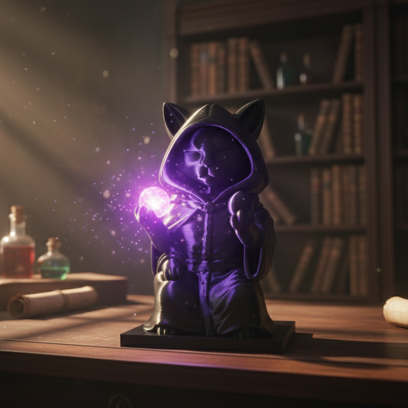 Black cat wizard 3d printed sculpture glowing orb