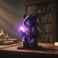 Black cat wizard 3d printed sculpture glowing orb