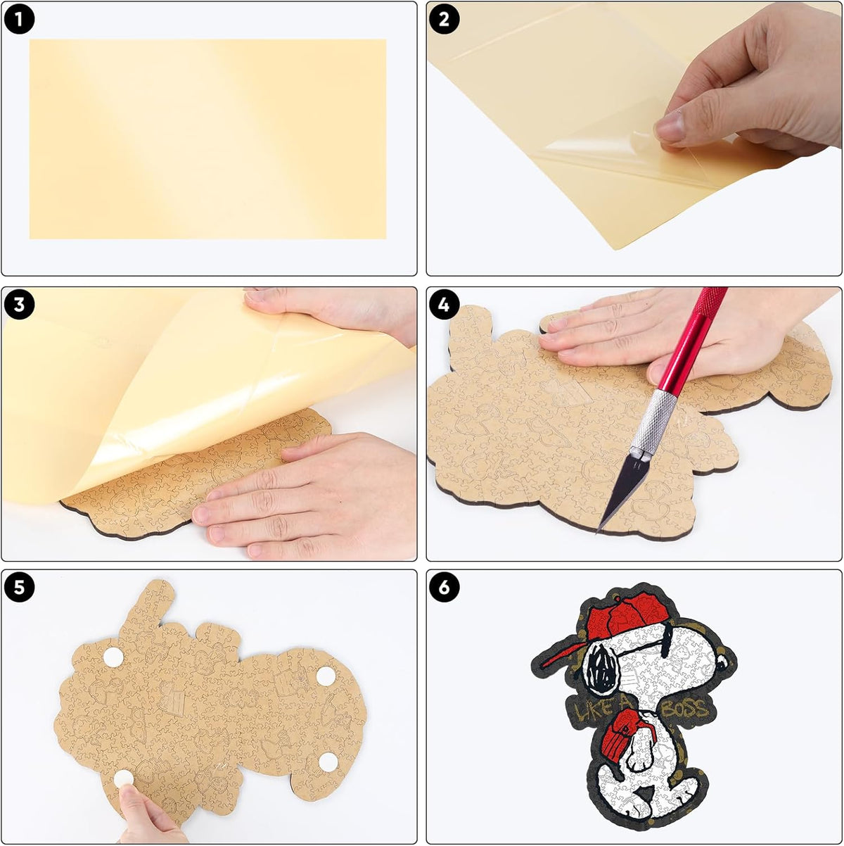 Step-by-step process of building Snoopy wooden puzzle