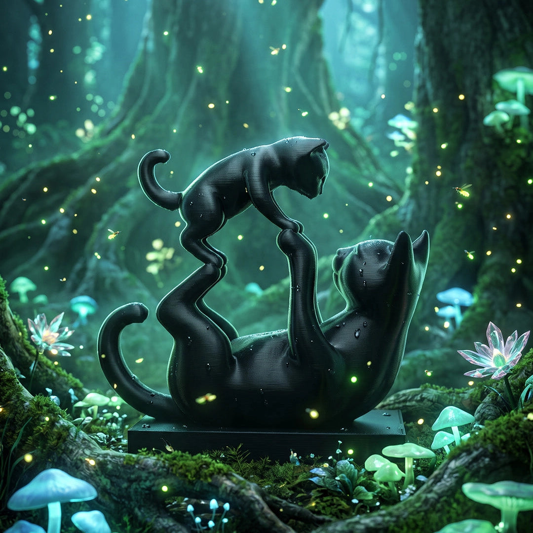 Cat and Kitten 3D Printed Figurine in a mystical forest
