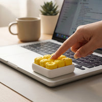 Hand pressing 3D Printed Cheese Cube Fidget Toy at desk
