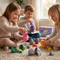 Three children play with 3D toy eggs and animal figures