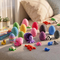 A collection of colorful toy animals and egg-shaped toys