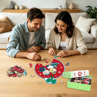 Couple assembling a Snoopy wooden puzzle