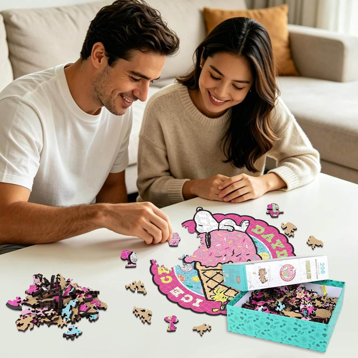 Couple building Snoopy ice cream wooden puzzle