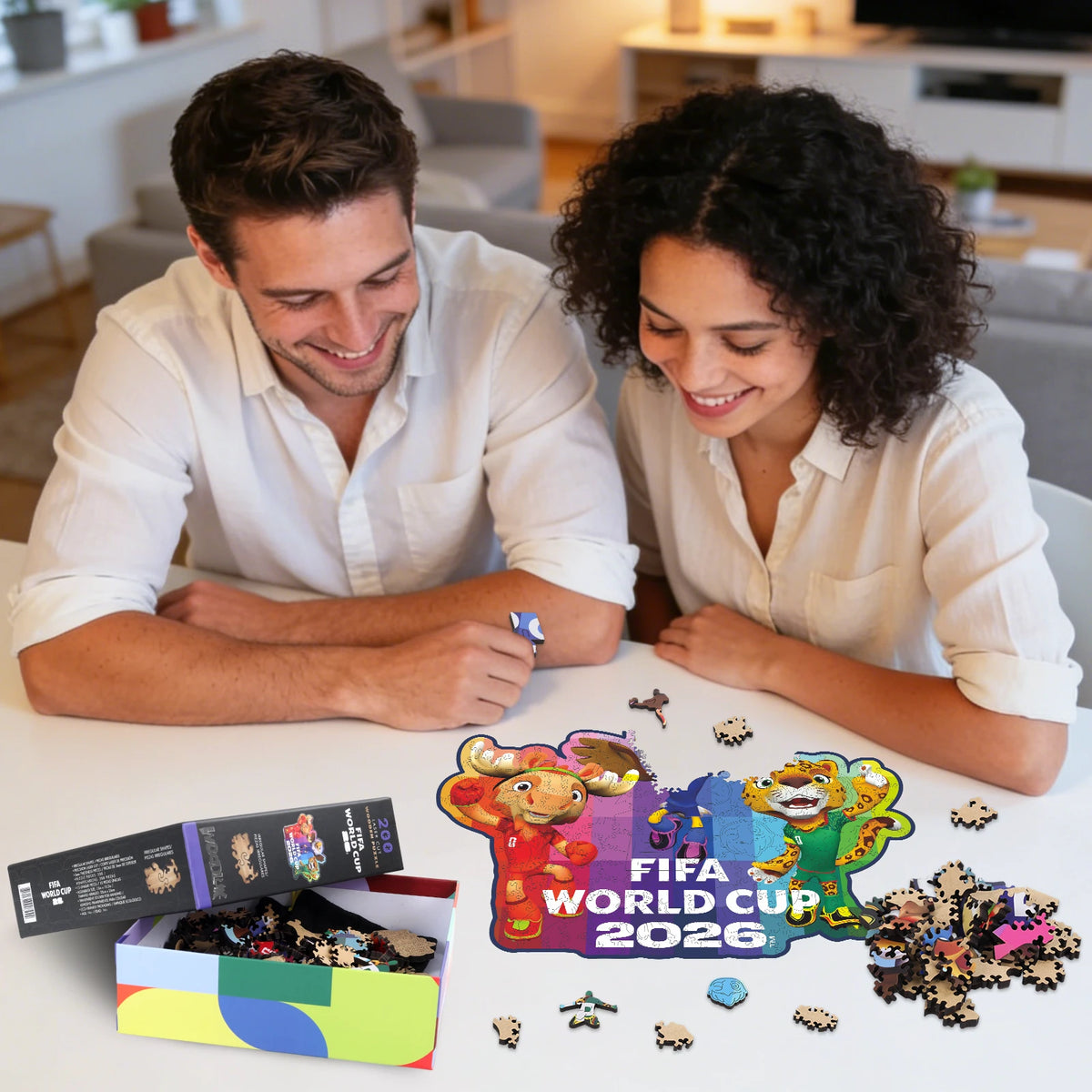 Two people playing with a FIFA World Cup 2026 puzzle set in a living room.