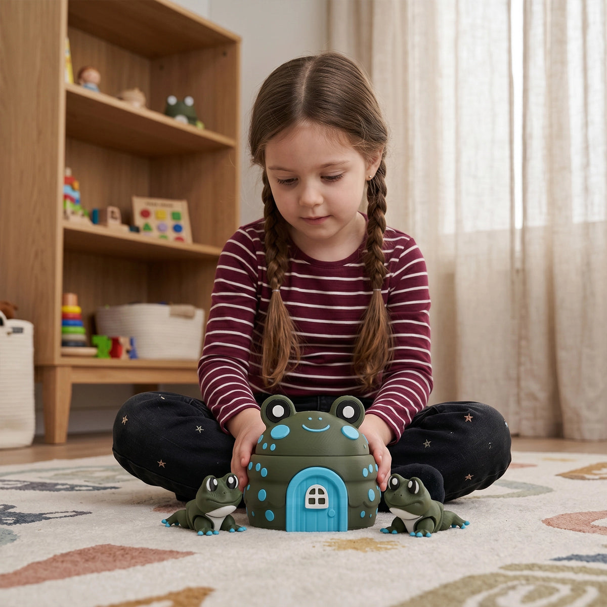 Girl showing 3D printed Articulated Frog