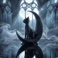 Gothic window Minimalist Cat on moon statue