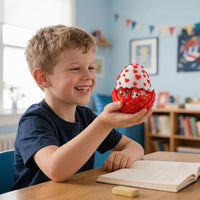 Kid playing with red heart Dragon Egg toy