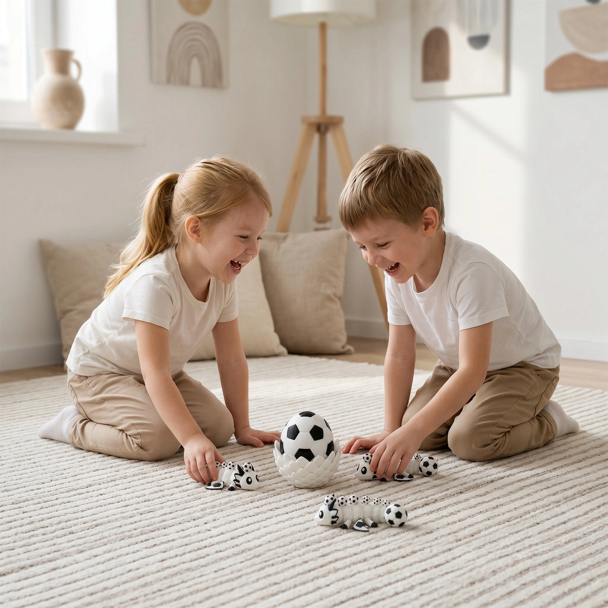 Kids playing with Soccer Football Dragon egg on floor
