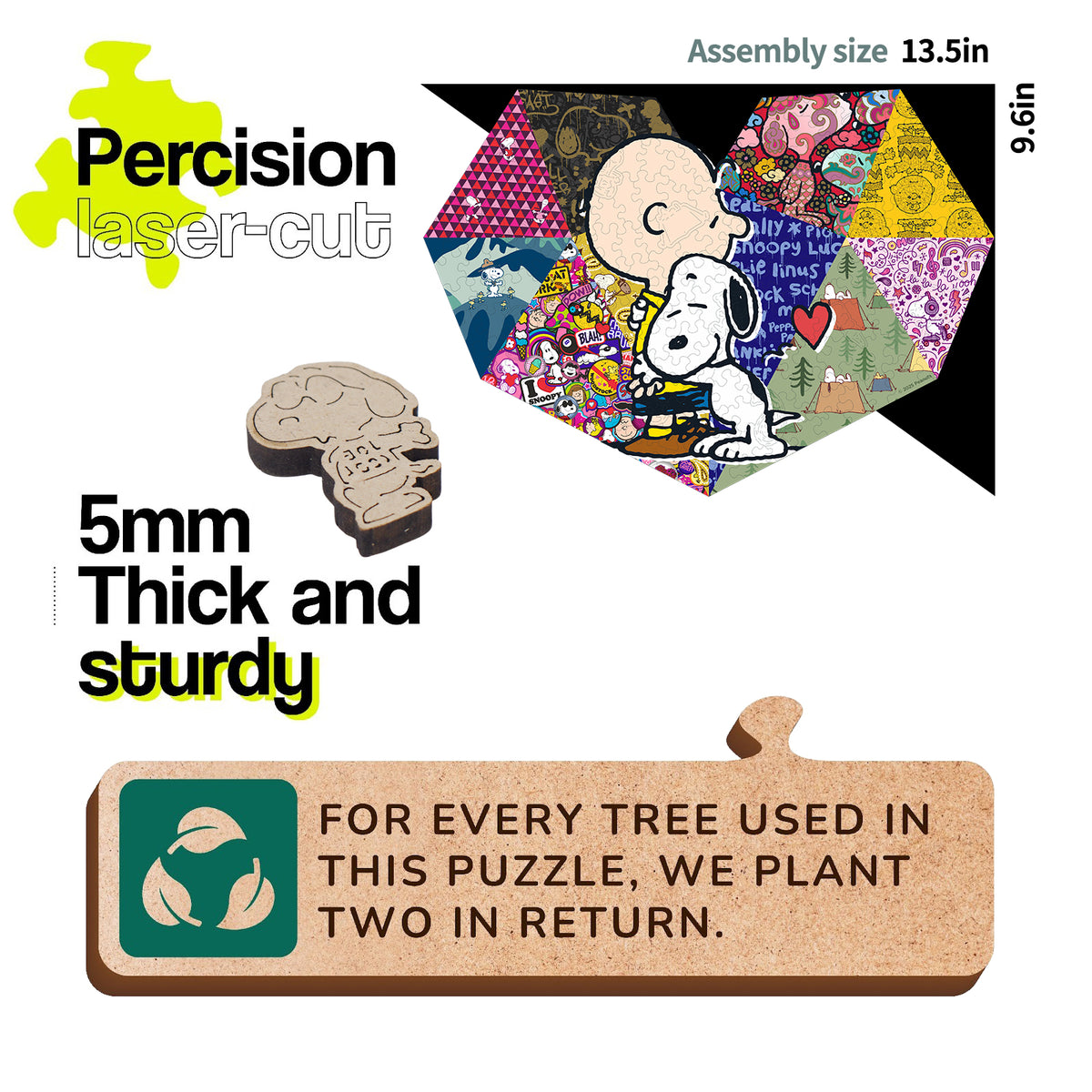 Premium 5mm laser cut Snoopy heart wooden puzzle