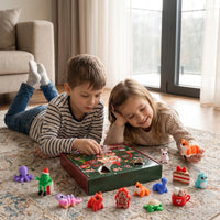 Two children open a Christmas-themed toy box