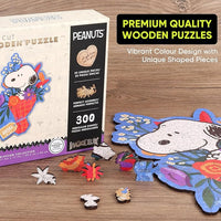 Wooden puzzle with Peanuts character on a desk