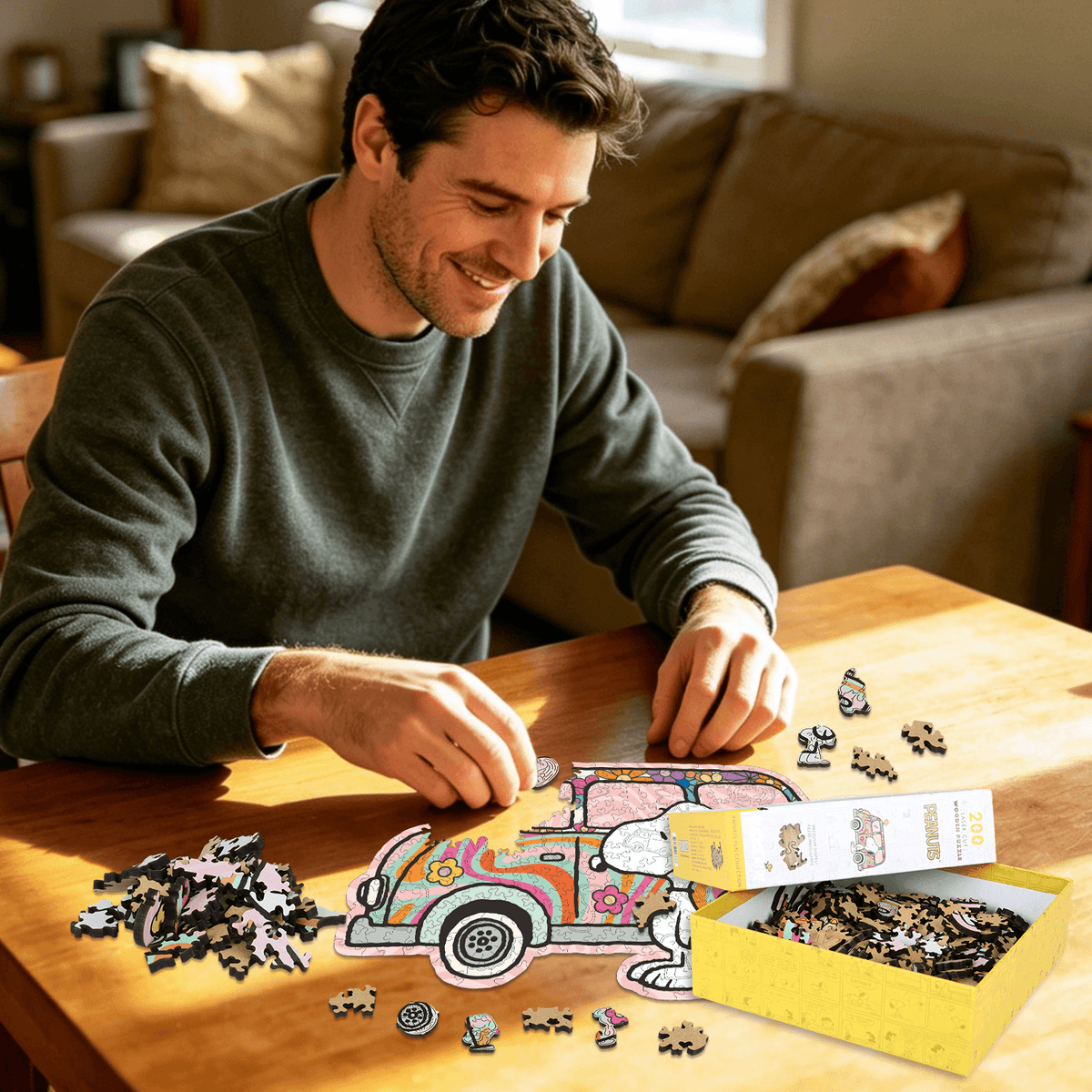 People building Snoopy hippie van wood puzzle