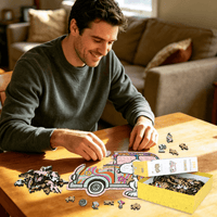 People building Snoopy hippie van wood puzzle