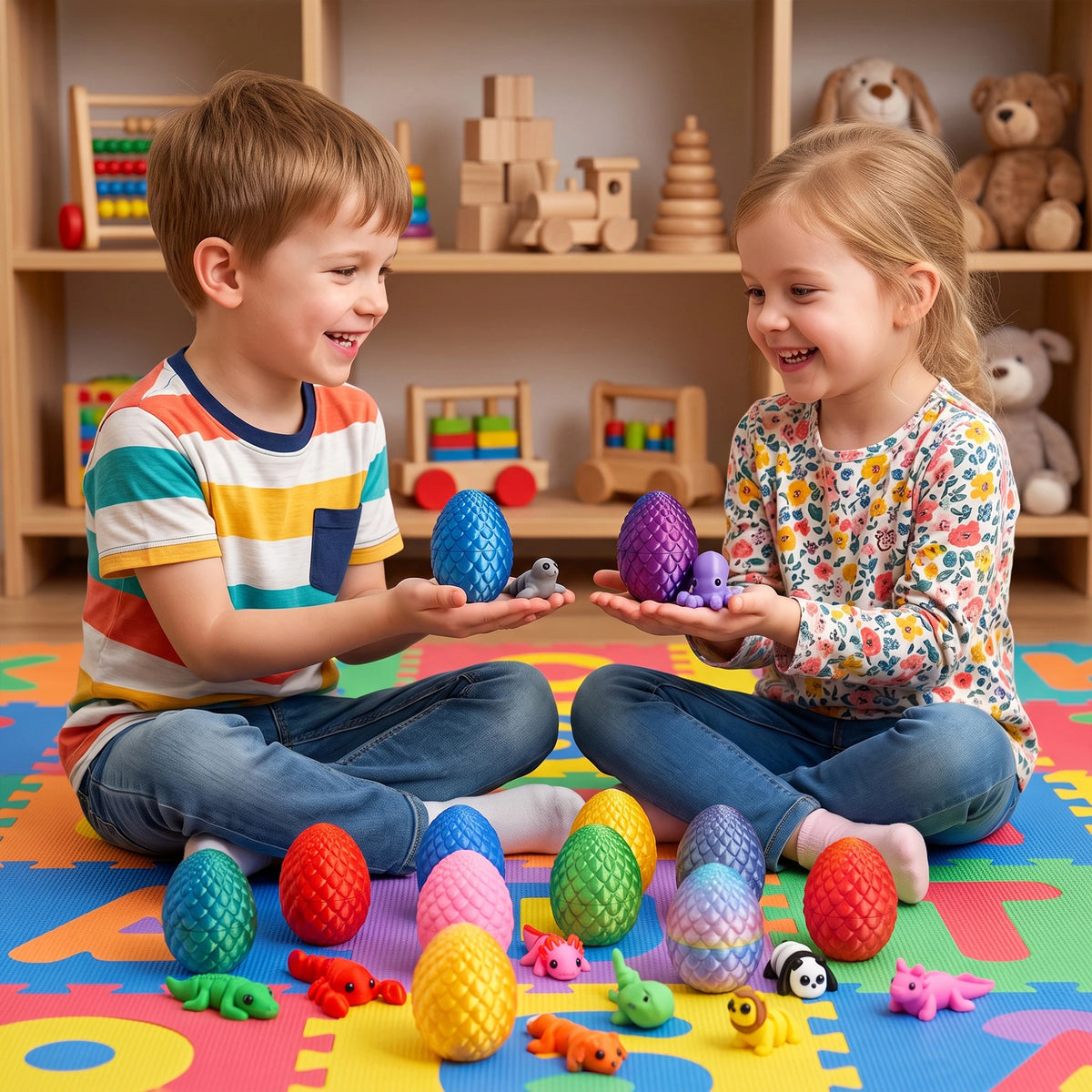 two children play toy animals and egg-shaped toys
