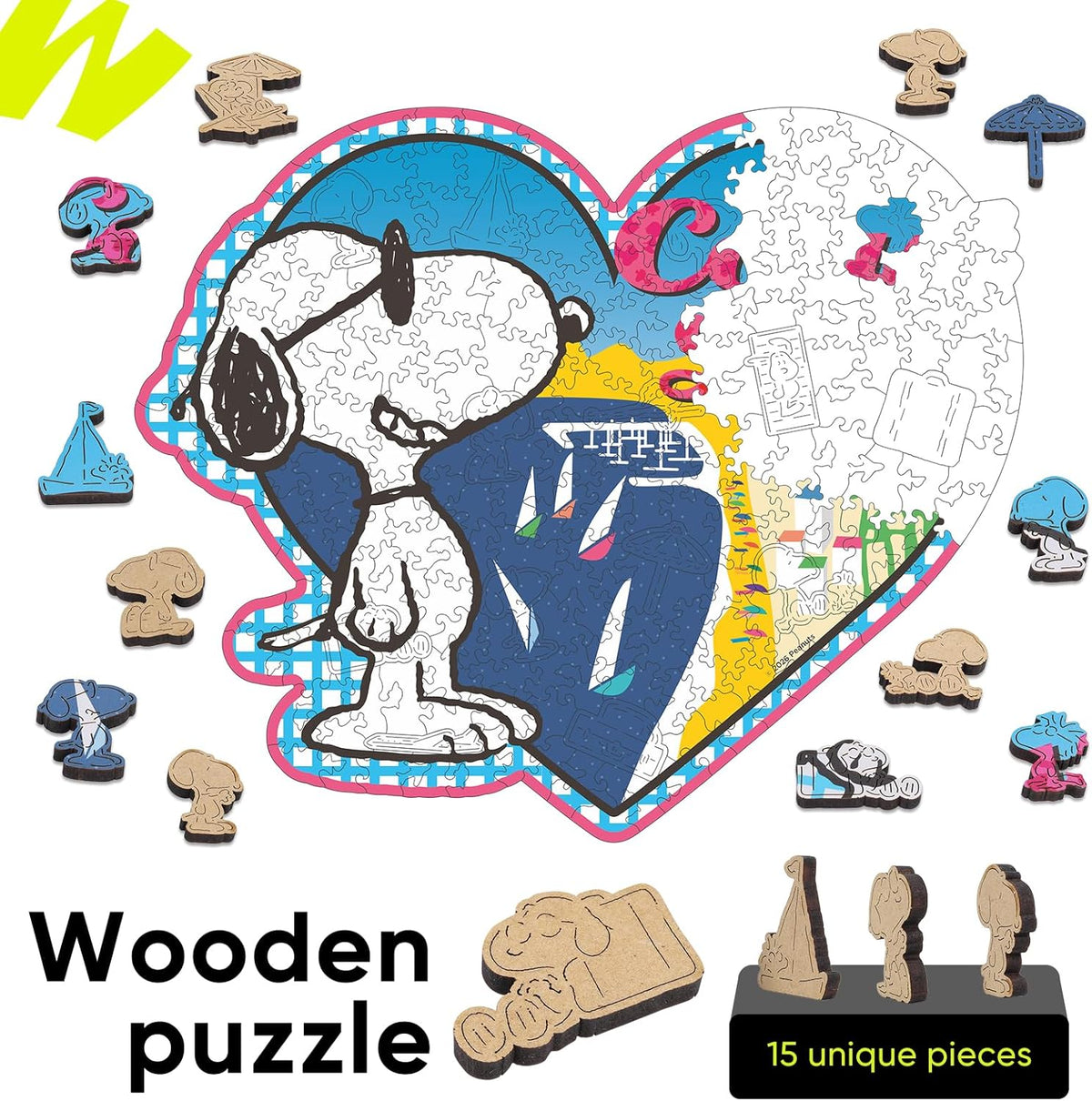 15 unique shaped Snoopy character puzzle pieces